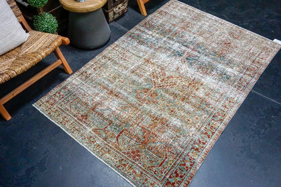 4’2 x 6’6 Classic Vintage Carpet Muted Sea Blue, Olive, Turquoise + Red Rug SB