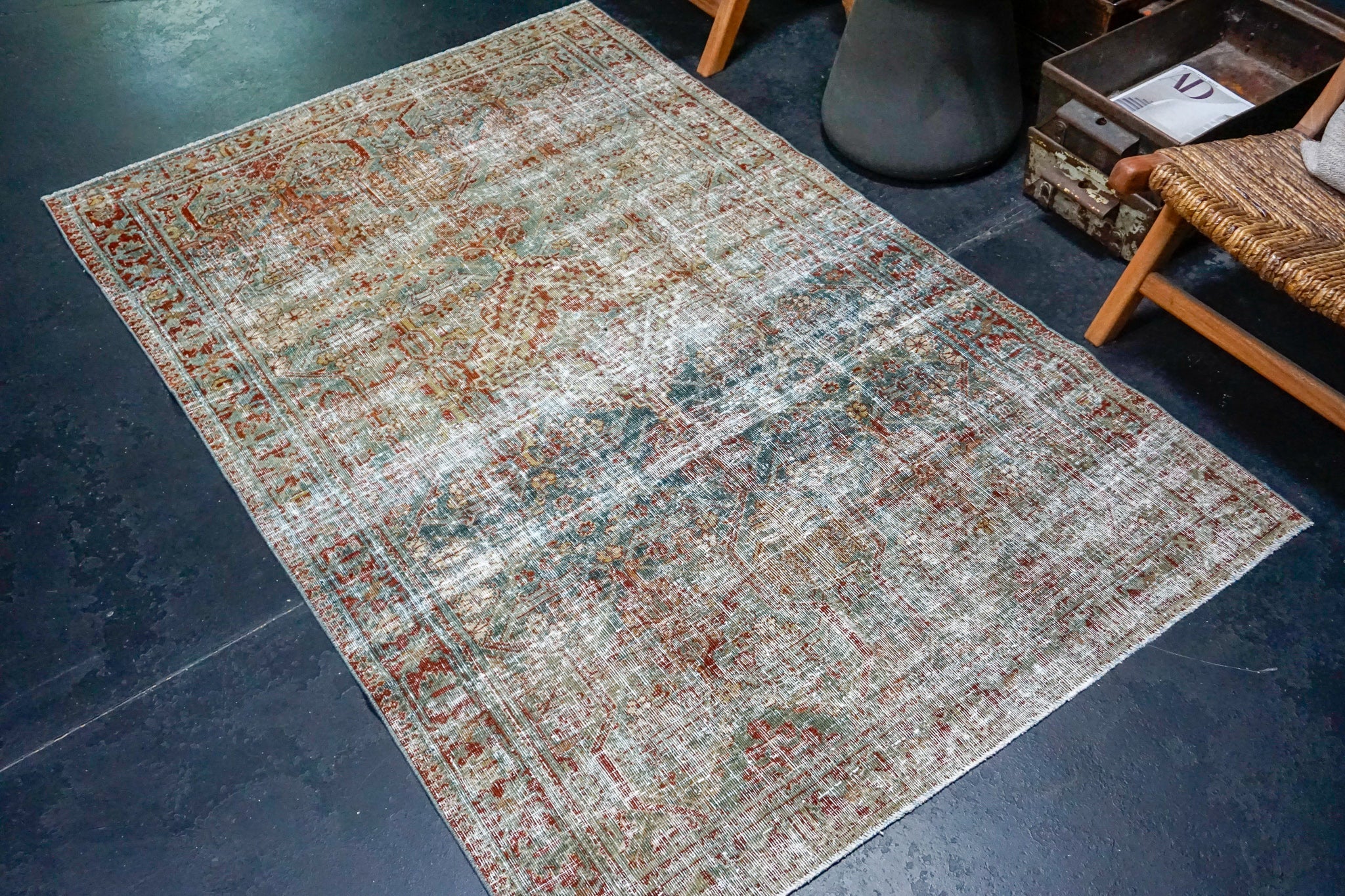 4’2 x 6’6 Classic Vintage Carpet Muted Sea Blue, Olive, Turquoise + Red Rug 4031 Linda's Barn