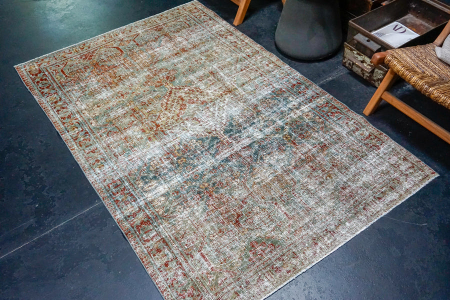 4’2 x 6’6 Classic Vintage Carpet Muted Sea Blue, Olive, Turquoise + Red Rug SB