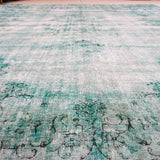 9' X 12' Oversize Vintage Distressed Carpet Jade Green Overdyed Rug