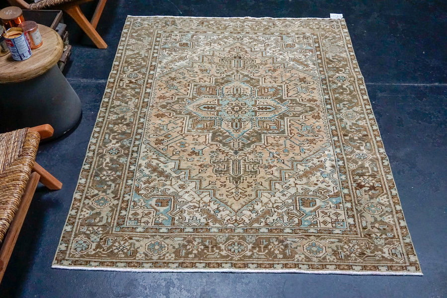 4’10 x 6’1 Classic Vintage Carpet Muted Teal, Brown + Copper Rug SB