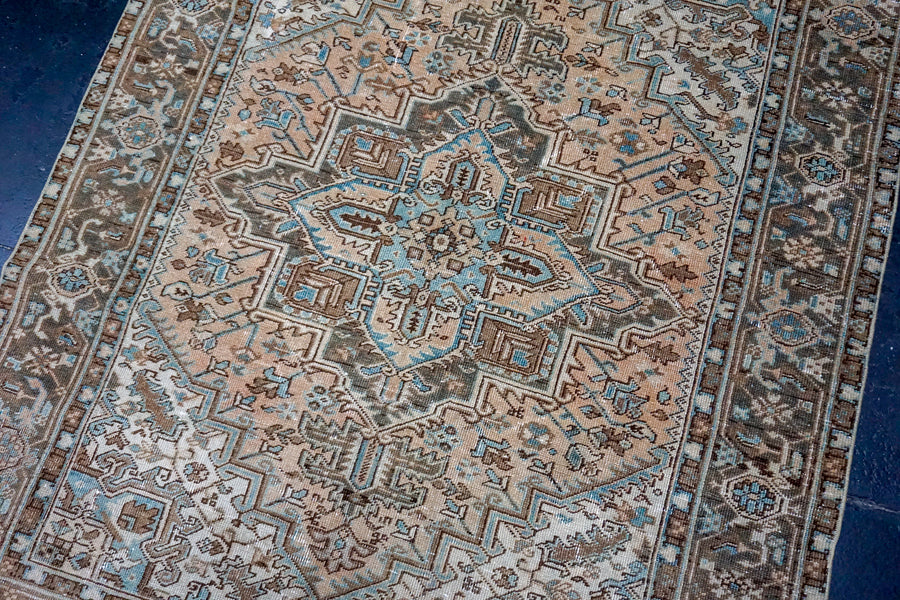 4’10 x 6’1 Classic Vintage Carpet Muted Teal, Brown + Copper Rug SB