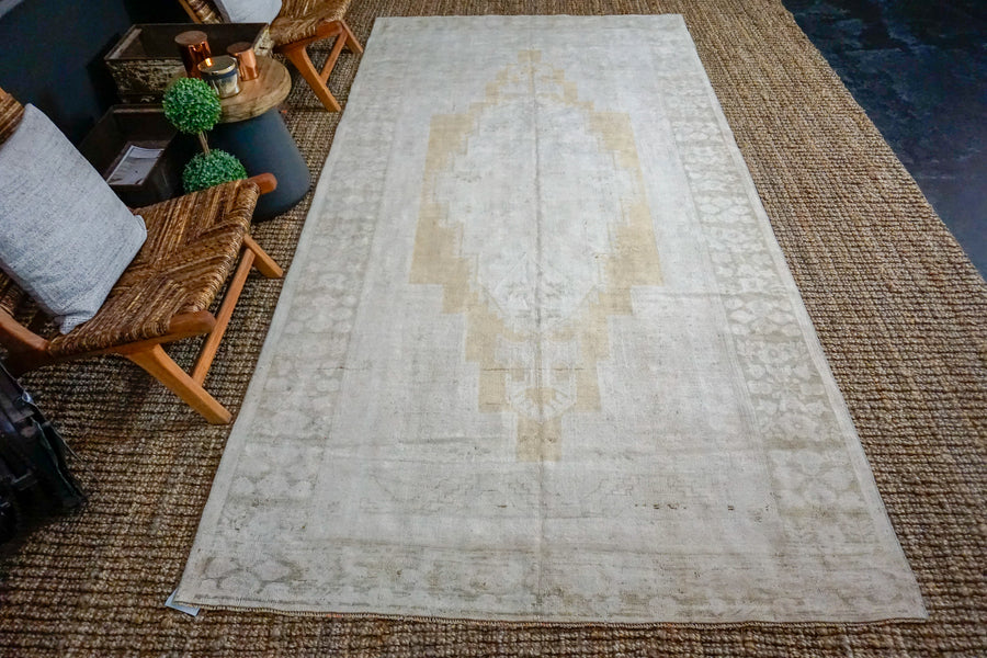 5’4 x 11’ Taspinar Rug Creamy Beige, Gold and Sage Green Vintage Carpet