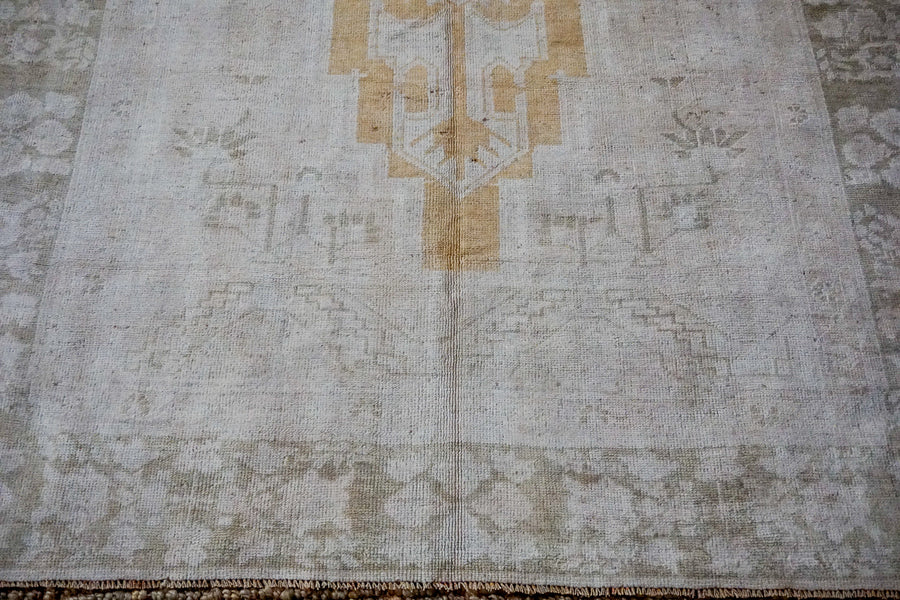 5’4 x 11’ Taspinar Rug Creamy Beige, Gold and Sage Green Vintage Carpet
