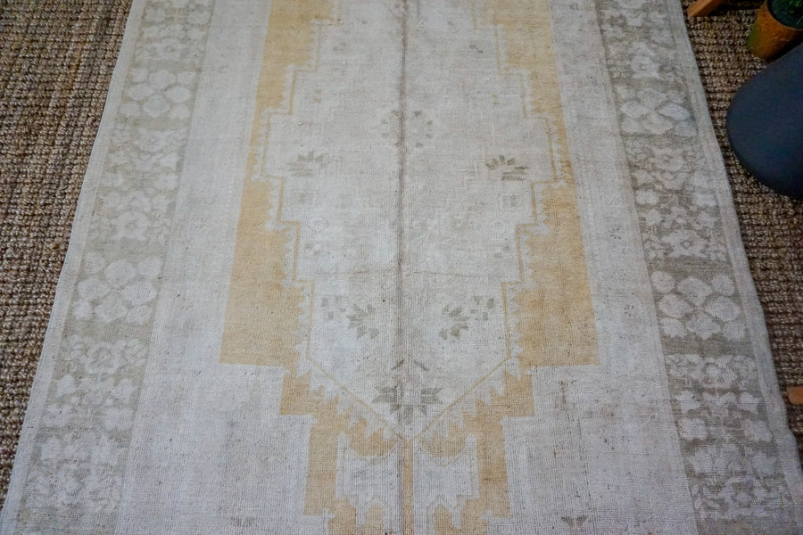 5’4 x 11’ Taspinar Rug Creamy Beige, Gold and Sage Green Vintage Carpet
