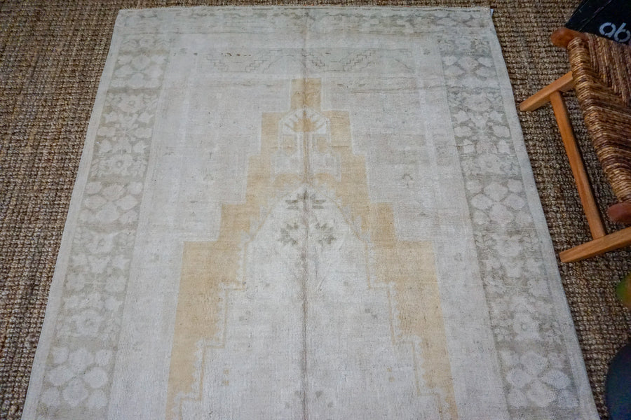5’4 x 11’ Taspinar Rug Creamy Beige, Gold and Sage Green Vintage Carpet