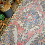 4’6 x 7’10 Oushak Rug Coral Pink, Blue and Yellow Vintage Carpet