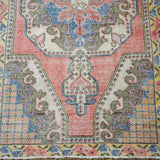 4’6 x 7’10 Oushak Rug Coral Pink, Blue and Yellow Vintage Carpet
