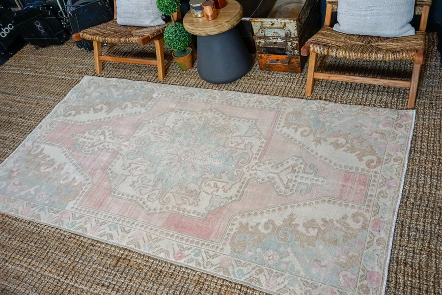4’4 x 8’ Oushak Rug Pink, Blue and Cream Vintage Turkish Carpet