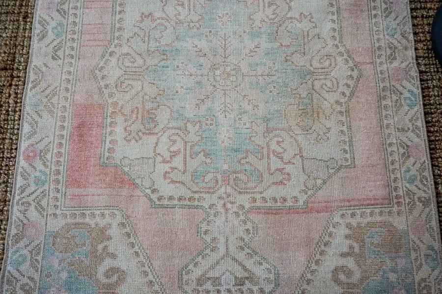 4’4 x 8’ Oushak Rug Pink, Blue and Cream Vintage Turkish Carpet