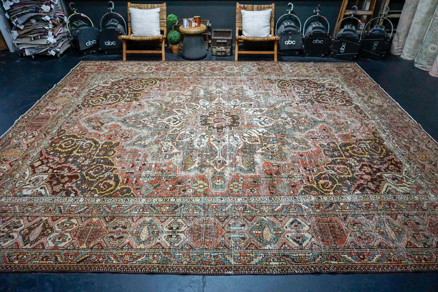 11’4 x 14’1 Classic Vintage Rug Muted Red, Gray + Denim Carpet