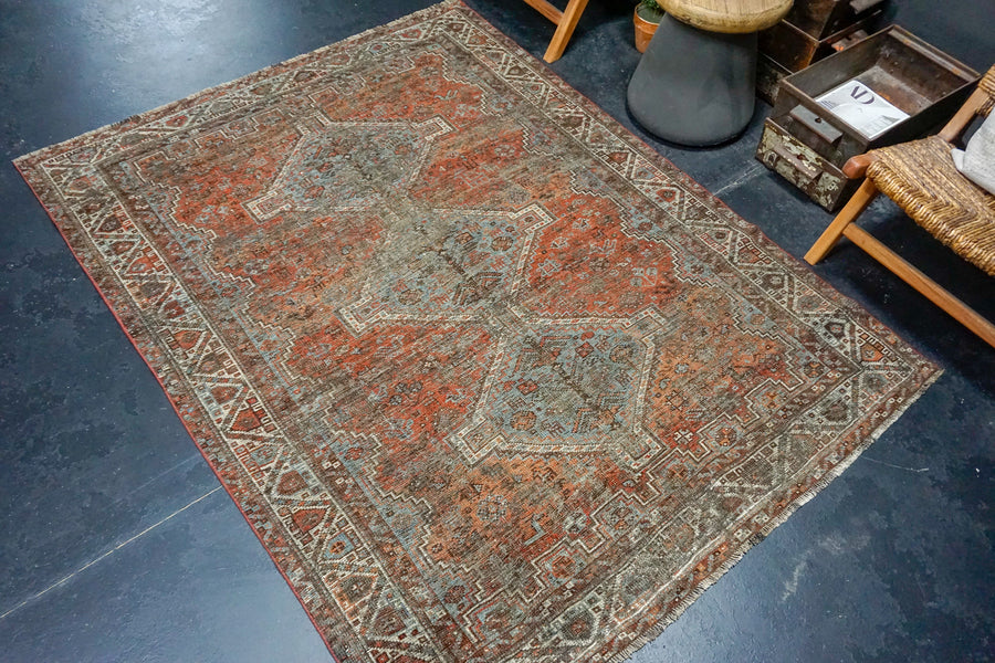 5’2 x 6’8 Classic Vintage Rug Steel Blue, Gray and Reds SB