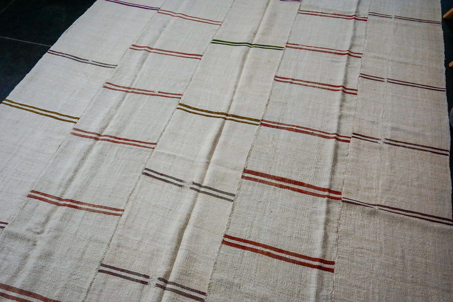 9’ x 11’7 MCM Vintage Organic Hemp Rug Off White Collage Kilim Striped