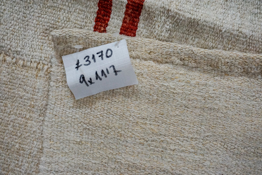 9’ x 11’7 MCM Vintage Organic Hemp Rug Off White Collage Kilim Striped