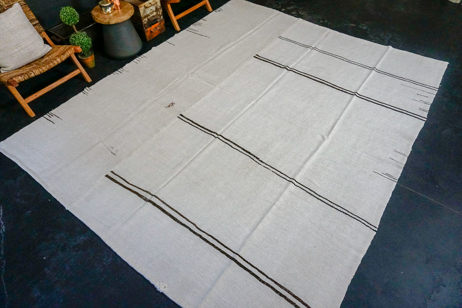 9’ x 10’7 MCM Vintage Organic Hemp Rug Off White Flatweave Kilim