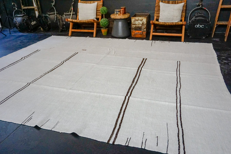 9’ x 10’7 MCM Vintage Organic Hemp Rug Off White Flatweave Kilim