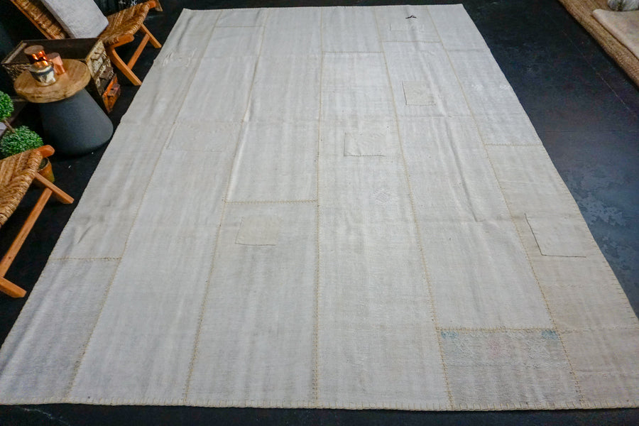 8’10 x 12’4 MCM Vintage Organic Hemp Rug Off White Flatweave Collage Kilim