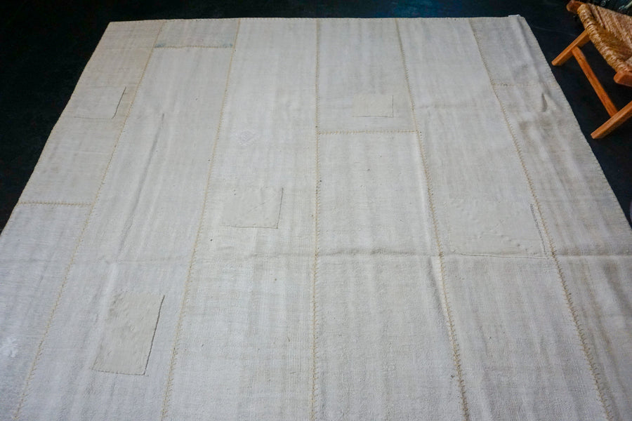8’10 x 12’4 MCM Vintage Organic Hemp Rug Off White Flatweave Collage Kilim