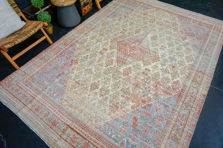 7’2 x 10’6  Vintage  Joshagan Carpet Muted Red, Ecru and Blue