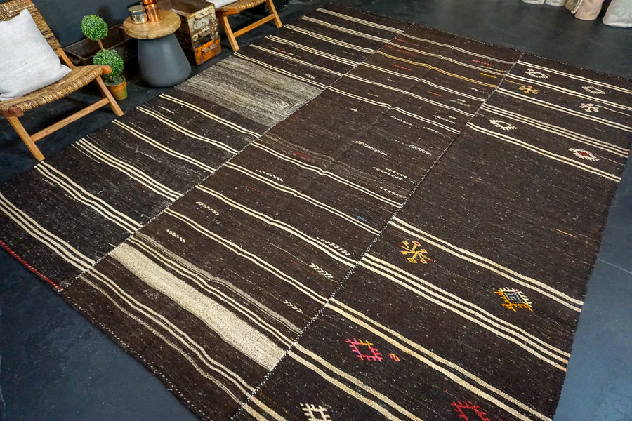 10’ x 12’4 Brown and Cream Vintage Flatweave Kilim Rug