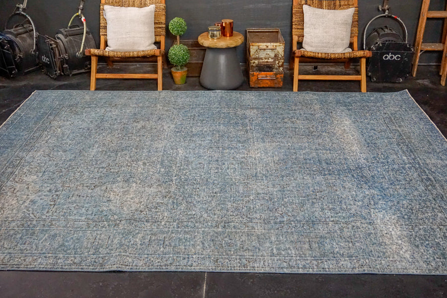 8’3 x 10’10 Oushak Carpet Denim Blue Overdyed Vintage Rug