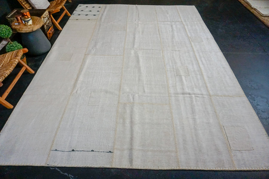 8’10 x 12’10 Vintage Organic Hemp Rug Off White Collage Flatweave MCM Kilim