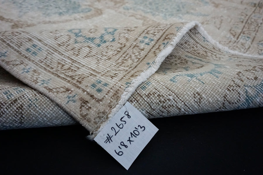 6’8 x 10’3 Vintage Oushak Rug Muted Turquoise Blue and Beige Carpet