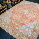 7’9 x 11’8 Vintage Joshagan Rug Muted Salmon Red, Ecru and Blue Carpet '3549
