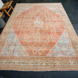 7’9 x 11’8 Vintage Joshagan Rug Muted Salmon Red, Ecru and Blue Carpet '3549