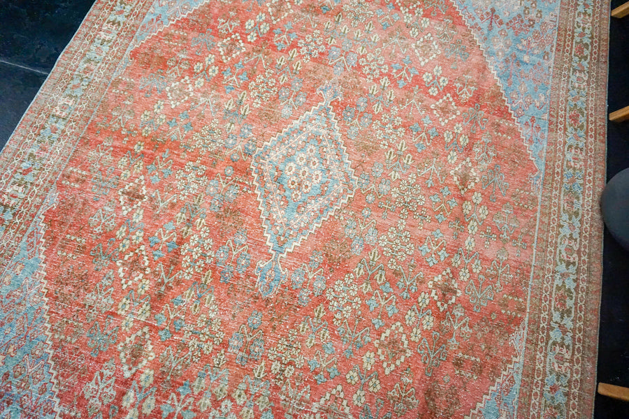 7’9 x 11’8 Vintage Joshagan Rug Muted Salmon Red, Ecru and Blue Carpet