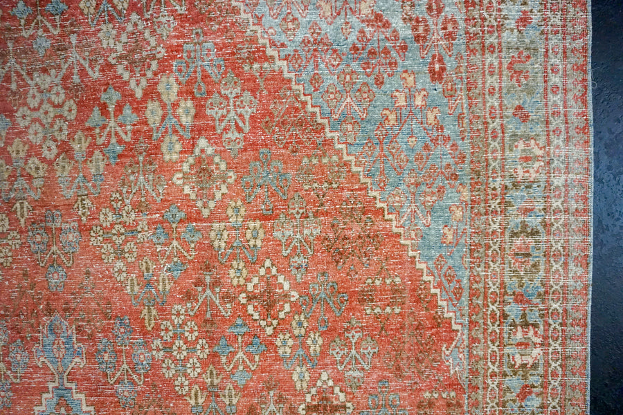 7’9 x 11’8 Vintage Joshagan Rug Muted Salmon Red, Ecru and Blue Carpet