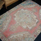 4’5 x 6’9 Vintage Oushak Rug Pink and Turquoise