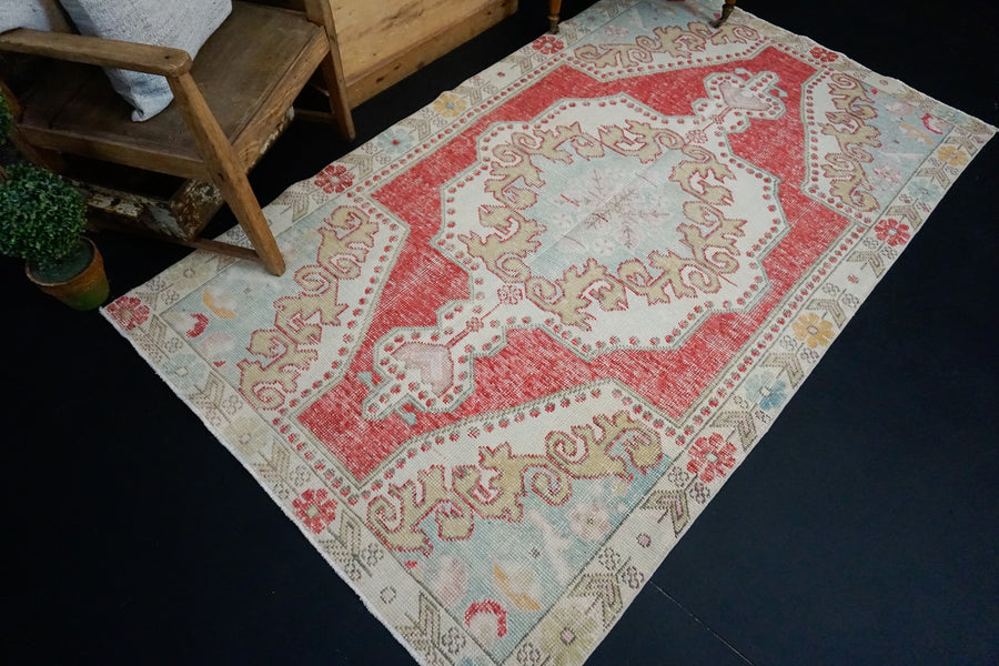 4’5 x 7’7 Vintage Oushak Rug Deep Pink, Sky Blue and Cream