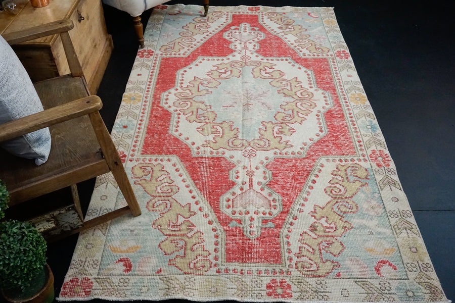 4’5 x 7’7 Vintage Oushak Rug Deep Pink, Sky Blue and Cream