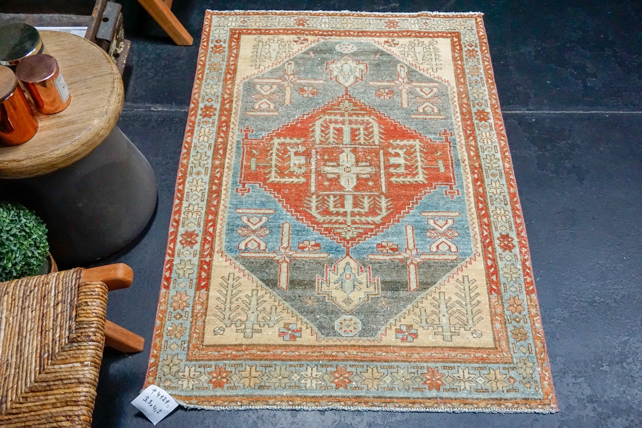 3’3 x 4’2 Classic Vintage Carpet Muted Denim Blue, Tomato + Ecru SB '4121 Linda's Barn