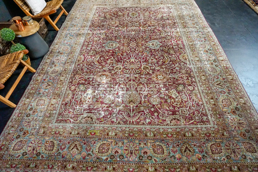 9’2 x 13’3 Antique Kirman Jewel Tone Rug Wine, Olive Green + Blue 60’s Carpet