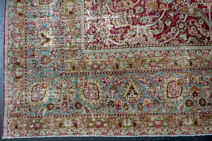 9’2 x 13’3 Antique Kirman Jewel Tone Rug Wine, Olive Green + Blue 60’s Carpet