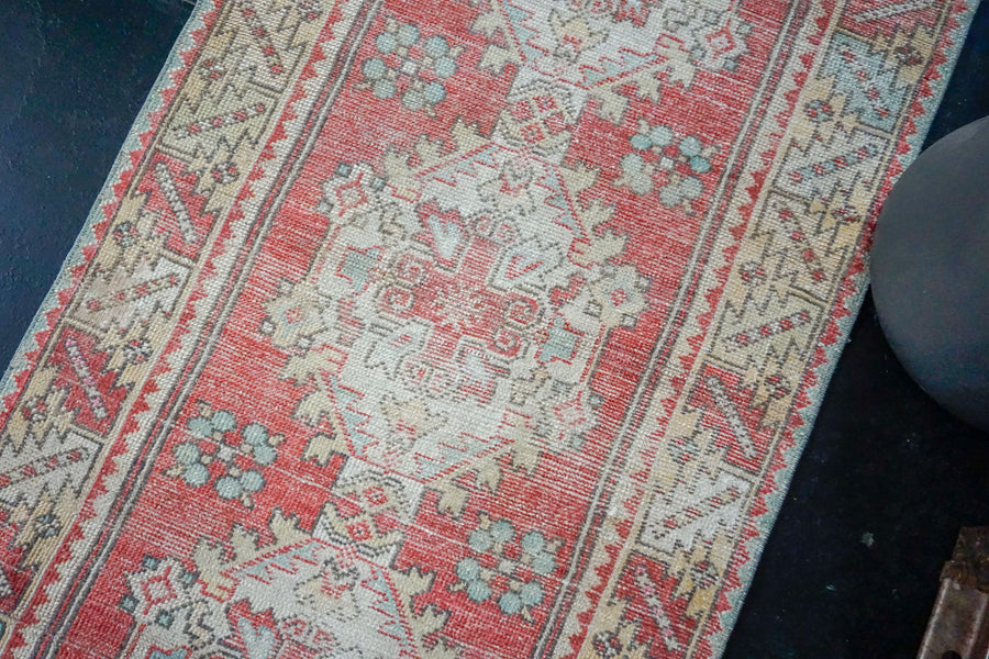 3’ x 9’9 Vintage Turkish Runner Muted Red, Yellow + Blue