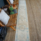 1’8 x 11’3 Narrow Vintage Heriz Runner Muted Beige + Blue