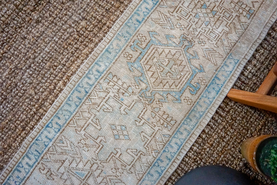 1’8 x 11’3 Narrow Vintage Heriz Runner Muted Beige + Blue