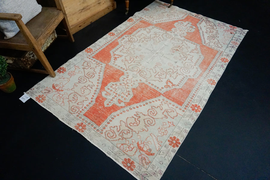 4’2 x 7 Vintage Oushak Rug Coral Red, Blue  and Beige