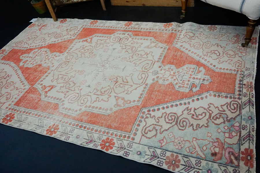 4’2 x 7 Vintage Oushak Rug Coral Red, Blue  and Beige