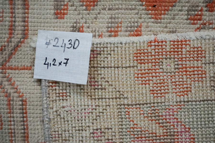 4’2 x 7 Vintage Oushak Rug Coral Red, Blue  and Beige