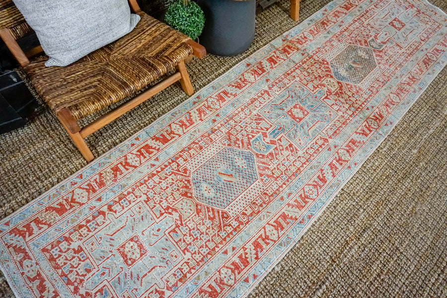 2’11 x 10’8 Classic Vintage Heriz Runner Muted Blue, Red + Cream