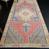 3’7 x 8’ Vintage Oushak Rug Muted Red, Yellow, Blue '2625