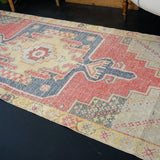 3’7 x 8’ Vintage Oushak Rug Muted Red, Yellow, Blue