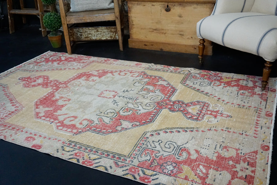 4’3 x 7’ Vintage Oushak Rug Muted Red, Yellow & Gray