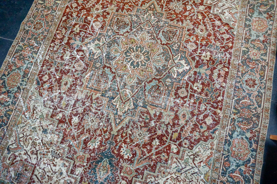 8’ x 11’2 Classic Antique Rug Muted  Wine Red + Clay Green-Gray and Blue SB