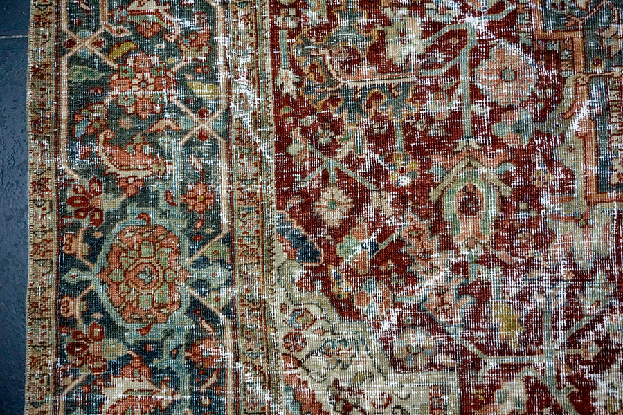 8’ x 11’2 Classic Antique Rug Muted  Wine Red + Clay Green-Gray and Blue SB