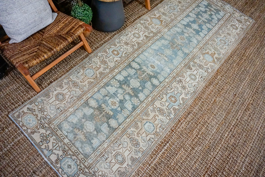 3’5 x 9’6 Classic Vintage Hamadan Runner Muted Sea Blue + Beige